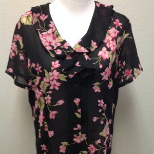 Liz Claiborne – Black Semi-Sheer Floral Short Sleeve Blouse Top Size 16